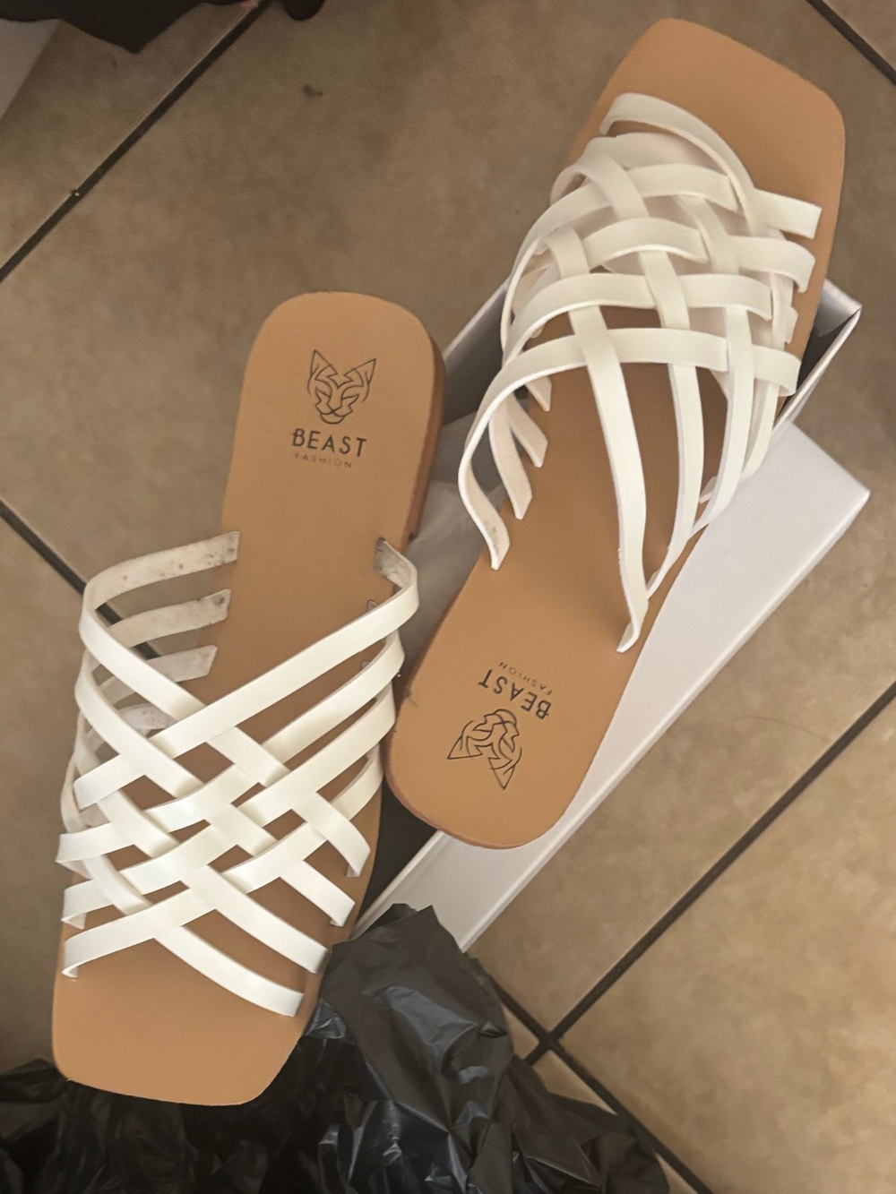 BEAST FASHION White Woven Slide Sandals with Tan Footbed